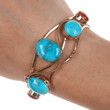 6.375" Veronica Poblano Zuni 14k gold Turquoise and Coral modernist cuff bracelet - Estate Fresh Austin