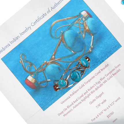 6.375" Veronica Poblano Zuni 14k gold Turquoise and Coral modernist cuff bracelet - Estate Fresh Austin