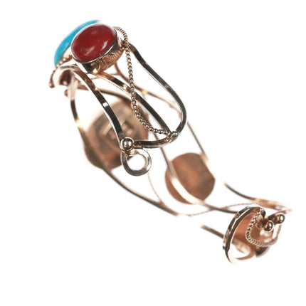 6.375" Veronica Poblano Zuni 14k gold Turquoise and Coral modernist cuff bracelet - Estate Fresh Austin