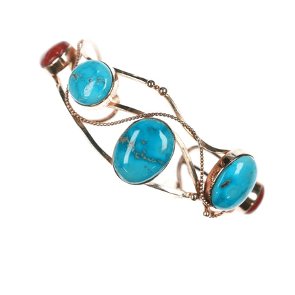 6.375" Veronica Poblano Zuni 14k gold Turquoise and Coral modernist cuff bracelet - Estate Fresh Austin
