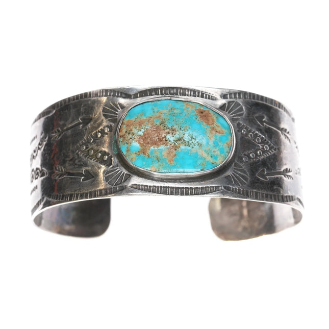 6.375" Vintage Fred Harvey Navajo hand stamped silver cuff bracelet turquoise - Estate Fresh Austin