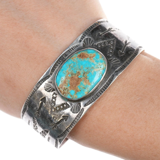 6.375" Vintage Fred Harvey Navajo hand stamped silver cuff bracelet turquoise - Estate Fresh Austin