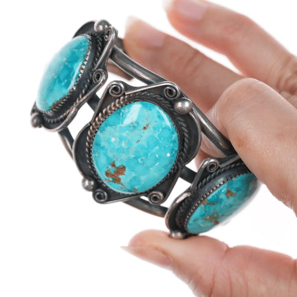 6.375" Vintage Native American silver cuff bracelet with 3 large turquoise - Estate Fresh Austin