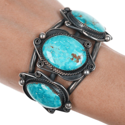 6.375" Vintage Native American silver cuff bracelet with 3 large turquoise - Estate Fresh Austin