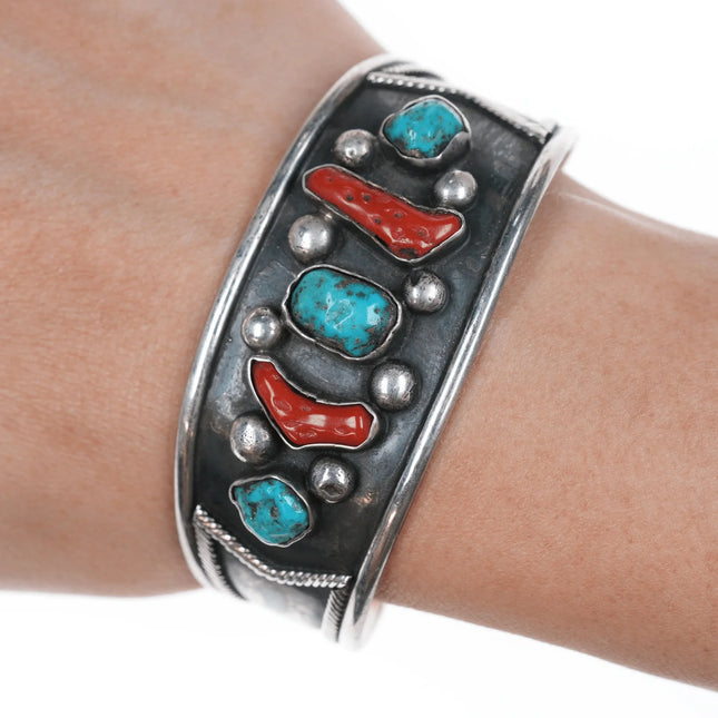 6.375" vintage Native American silver, turquoise, and coral cuff bracelet with rope border - Estate Fresh Austin