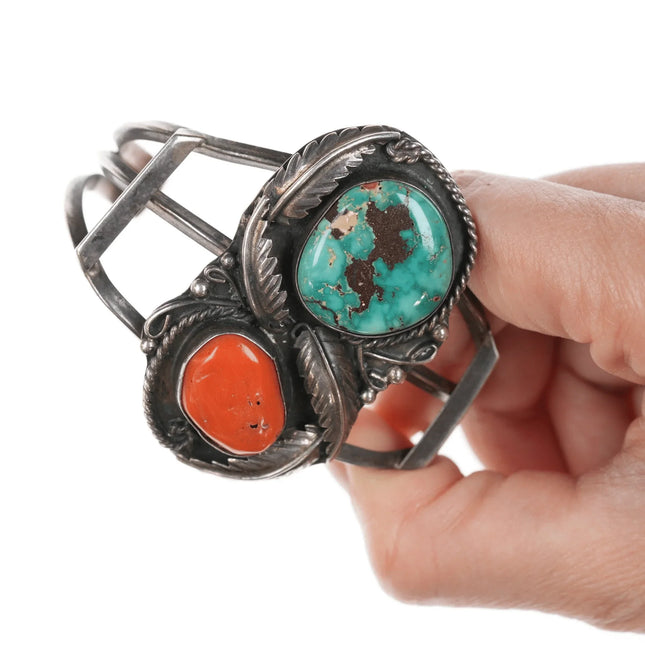 6.375" Vintage Native American Silver, turquoise and coral cuff bracelet - Estate Fresh Austin
