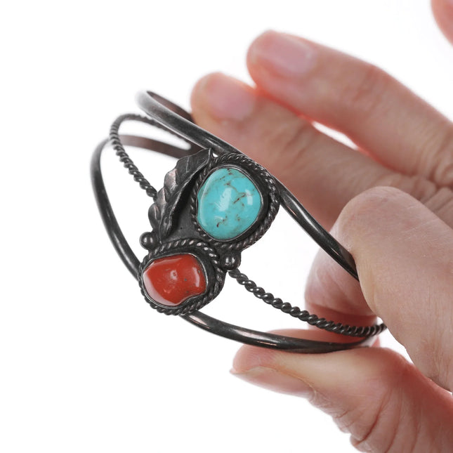 6.375" Vintage Native American Silver, turquoise and coral leafwork cuff bracelet - Estate Fresh Austin