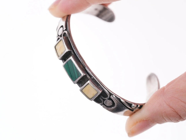 6.375"' Vintage Native American sterling - Malachite and fossil bracelet - Estate Fresh Austin