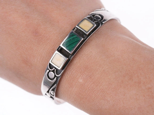 6.375"' Vintage Native American sterling - Malachite and fossil bracelet - Estate Fresh Austin