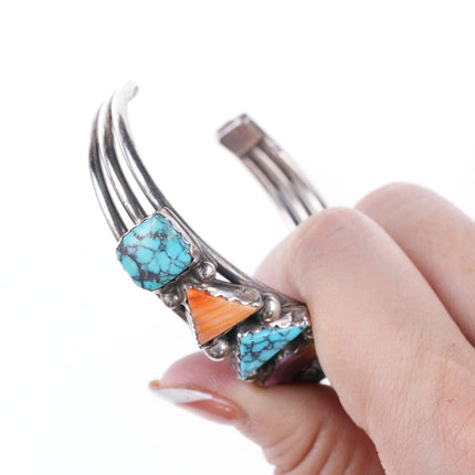 6.375" Vintage Navajo sterling Silver spiderweb turquoise spiny oyster cuff bracelet - Estate Fresh Austin