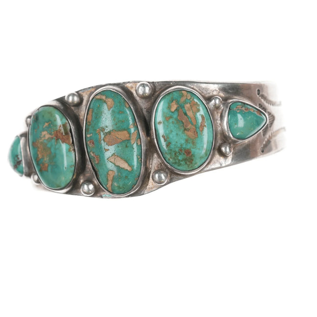 6.375" Vintage Navajo stamped silver green turquoise row cuff bracelet - Estate Fresh Austin