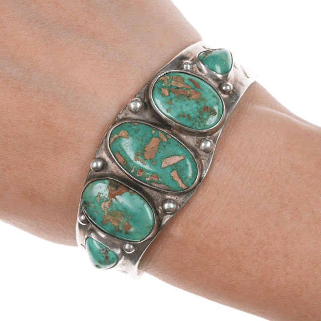 6 3/8" Vintage Navajo stamped silver green turquoise row cuff bracelet - Estate Fresh Austin