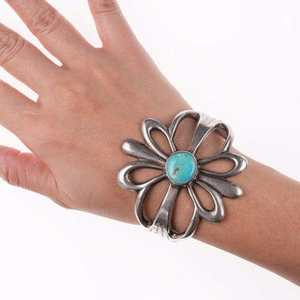 6.375" Vintage Navajo Tufa Cast silver bracelet with turquoise - Estate Fresh Austin