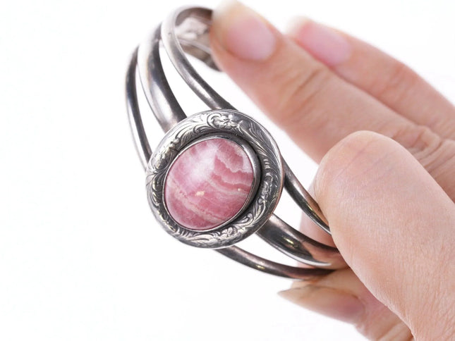 6.375" Vintage Southwestern Sterling hand engraved Rhodochrosite bracelet - Estate Fresh Austin