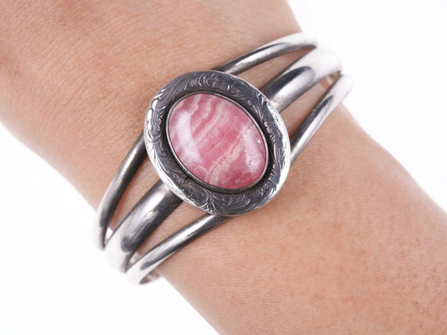 6.375" Vintage Southwestern Sterling hand engraved Rhodochrosite bracelet - Estate Fresh Austin