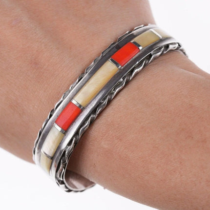 6.375" Vintage Zuni coral and shell channel inlay bracelet - Estate Fresh Austin