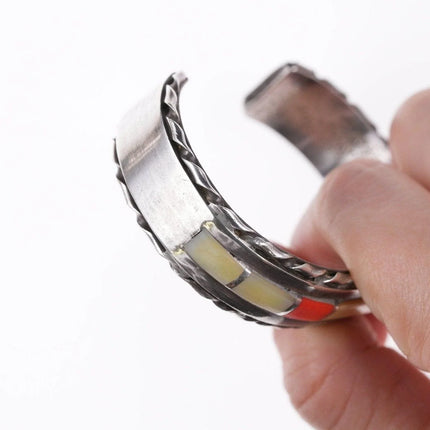 6.375" Vintage Zuni coral and shell channel inlay bracelet - Estate Fresh Austin