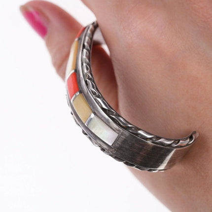 6.375" Vintage Zuni coral and shell channel inlay bracelet - Estate Fresh Austin