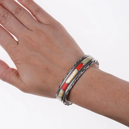 6.375" Vintage Zuni coral and shell channel inlay bracelet - Estate Fresh Austin