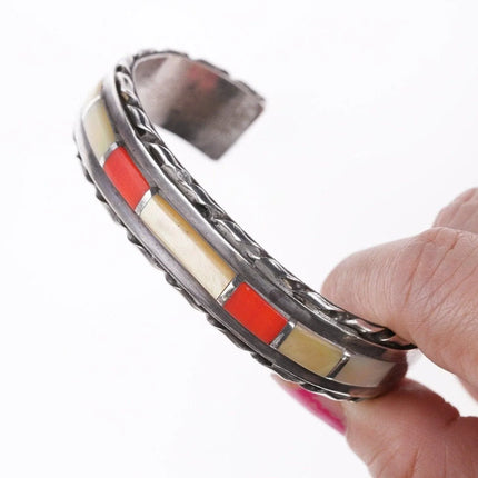 6.375" Vintage Zuni coral and shell channel inlay bracelet - Estate Fresh Austin