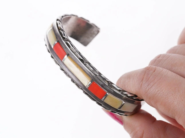 6.375" Vintage Zuni coral and shell channel inlay bracelet - Estate Fresh Austin