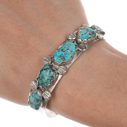 6.375" Vintage Zuni silver and turquoise row cuff bracelet - Estate Fresh Austin
