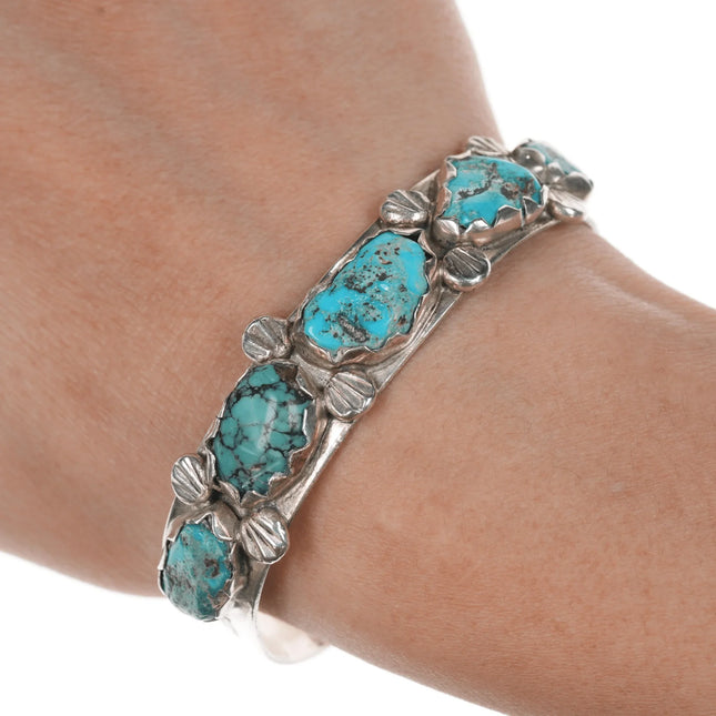 6.375" Vintage Zuni silver and turquoise row cuff bracelet - Estate Fresh Austin