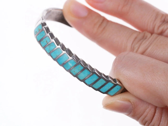 6.375" Vintage Zuni silver turquoise channel inlay bracelet c - Estate Fresh Austin