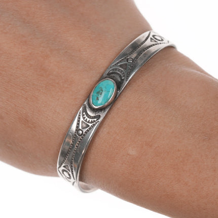 6" 40's-50's Navajo hand stamped silver cuff bracelet with turquoise - Estate Fresh Austin