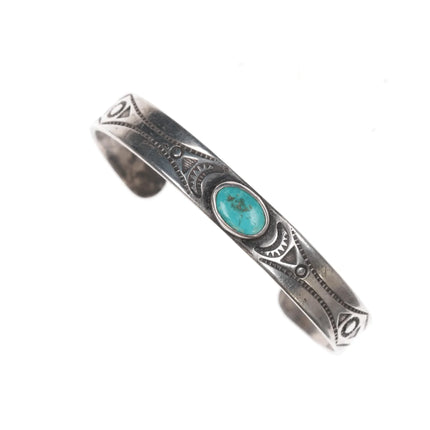 6" 40's-50's Navajo hand stamped silver cuff bracelet with turquoise - Estate Fresh Austin