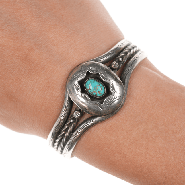 6" 40's - 50's Navajo high grade turquoise sterling shadowbox stamed/twisted wire cuff bracelet - Estate Fresh Austin