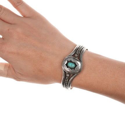 6" 40's-50's Navajo high grade turquoise sterling shadowbox stamed/twisted wire cuff bracelet - Estate Fresh Austin