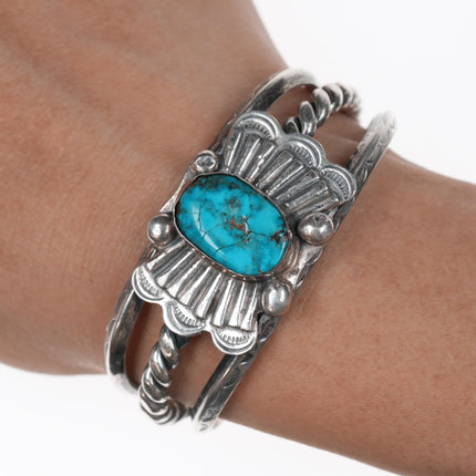6" 40's-50's Navajo silver cuff bracelet with turquoise - Estate Fresh Austin