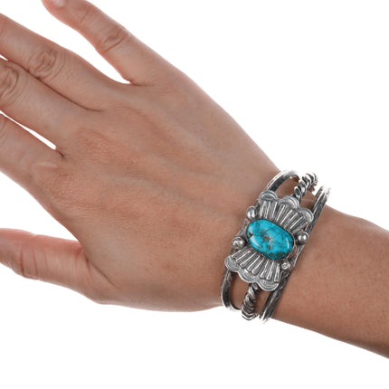 6" 40's-50's Navajo silver cuff bracelet with turquoise - Estate Fresh Austin