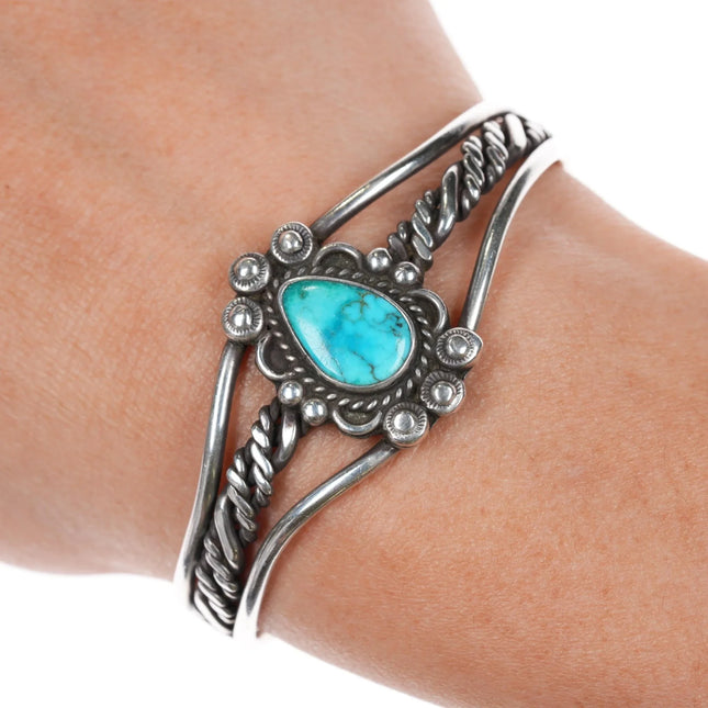 6" 40's-50's Navajo twisted silver wire cuff bracelet with turquoise - Estate Fresh Austin