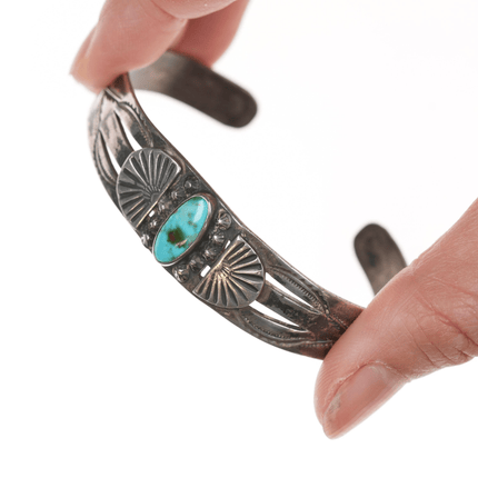 6 5/8" 1930's Navajo stamped ingot silver cuff bracelet with turquoise - Estate Fresh Austin