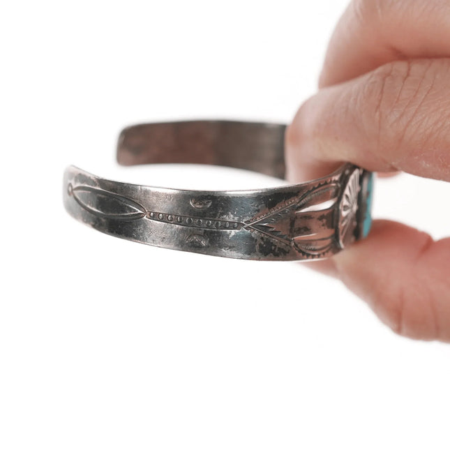 6.625" 1930's Navajo stamped ingot silver cuff bracelet with turquoise - Estate Fresh Austin