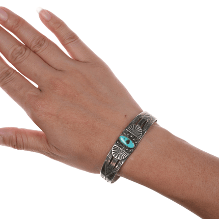 6 5/8" 1930's Navajo stamped ingot silver cuff bracelet with turquoise - Estate Fresh Austin