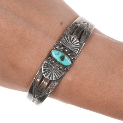 6 5/8" 1930's Navajo stamped ingot silver cuff bracelet with turquoise - Estate Fresh Austin