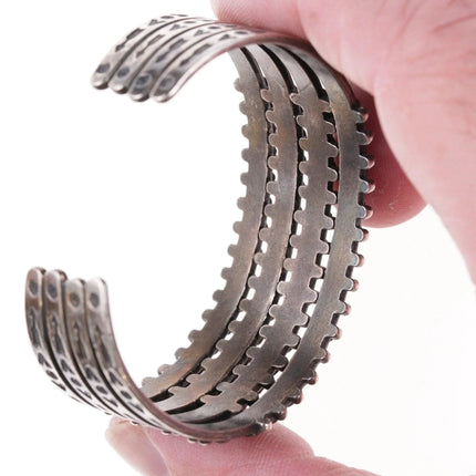 6.625" 1930's Navajo Stamped silver Snake eye turquoise 4 row cuff bracelet - Estate Fresh Austin