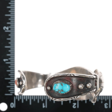 6.625" 1970's JB native American sterling, coral, and turquoise watch cuff bracelet - Estate Fresh Austin