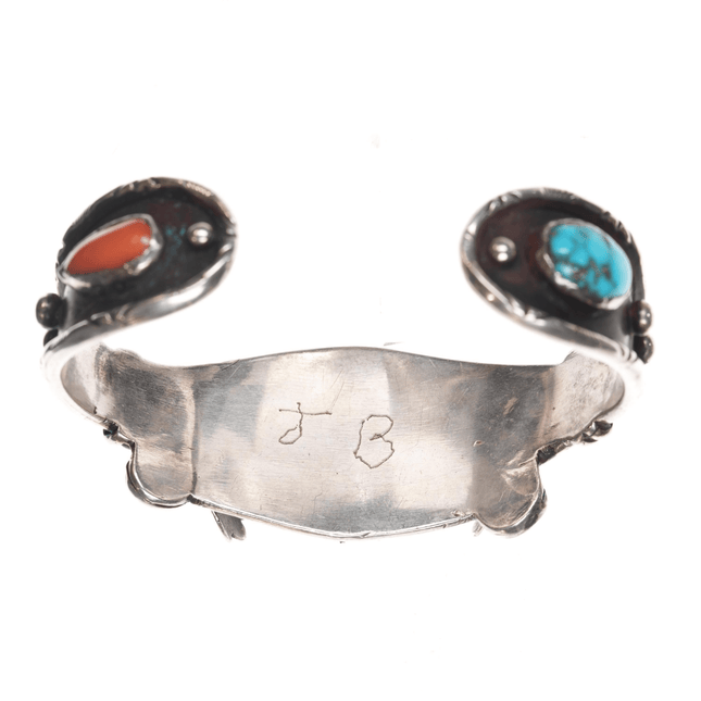 6 5/8" 1970's JB native American sterling, coral, and turquoise watch cuff bracelet - Estate Fresh Austin