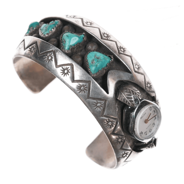 6 5/8" 1970's N Willie Shadowbox Sterling watch cuff bracelet with turquoise - Estate Fresh Austin