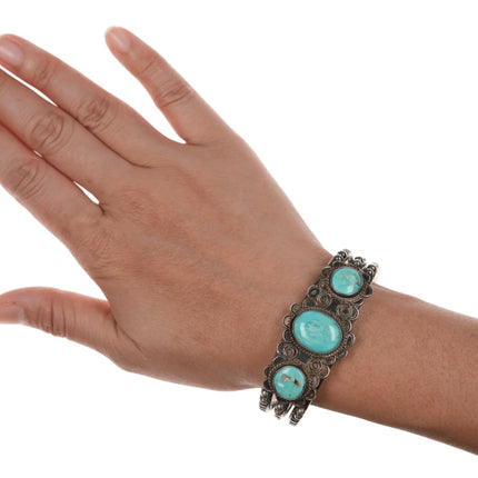 6.625" 30's-40's Hallmarked Native American silver and turquoise cuff bracelet - Estate Fresh Austin