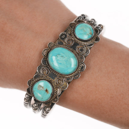 6.625" 30's-40's Hallmarked Native American silver and turquoise cuff bracelet - Estate Fresh Austin