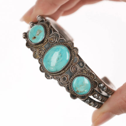 6.625" 30's-40's Hallmarked Native American silver and turquoise cuff bracelet - Estate Fresh Austin