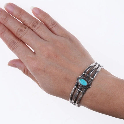 6.625" 30's-40's Navajo Hand stamped silver and turquoise bracelet v - Estate Fresh Austin
