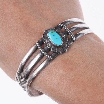 6.625" 30's-40's Navajo Hand stamped silver and turquoise bracelet v - Estate Fresh Austin