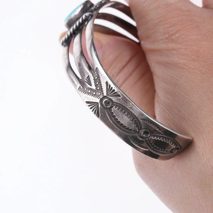 6.625" 30's-40's Navajo Hand stamped silver and turquoise bracelet v - Estate Fresh Austin