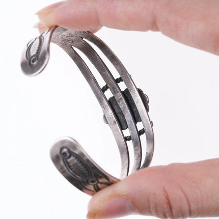 6.625" 30's-40's Navajo Hand stamped silver and turquoise bracelet v - Estate Fresh Austin
